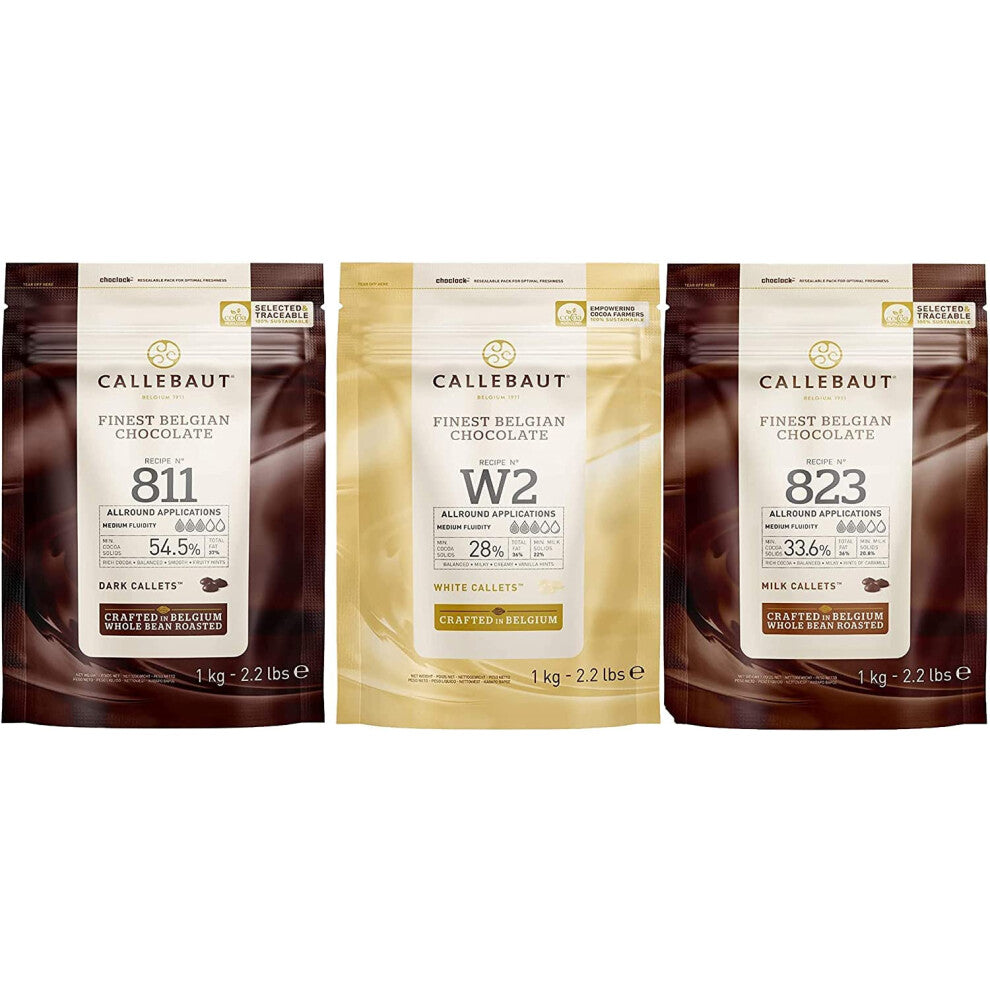 Callebaut, Milk, Dark & White chocolate chips (3 x 1kg Bundle)