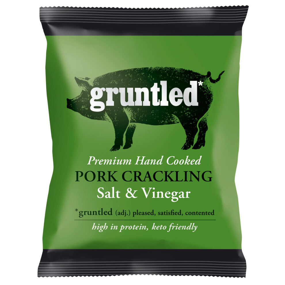 Gruntled Premium Pork Crackling Salt and Vinegar, Box, high Protein, Low carb, Keto, Gluten Free Pork Snacks, 800 g, (Pack of 20)