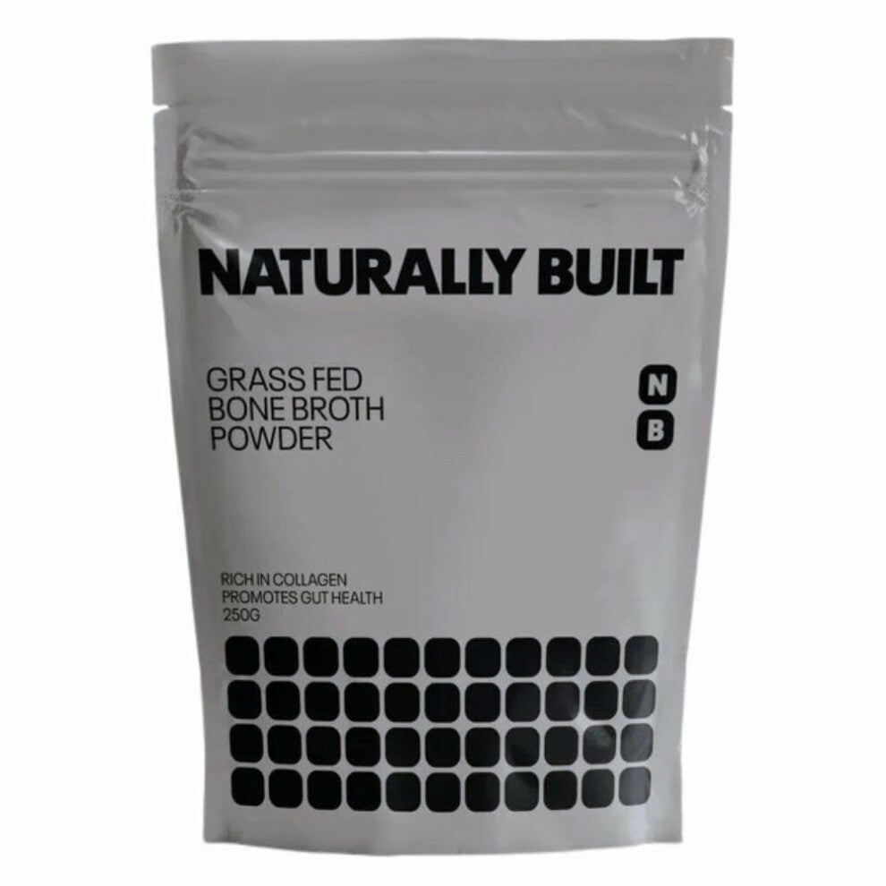Naturally Built Grass Fed Beef Bone Broth Powder Pouch 250 grams (50 servings) - Superfood Rich in Collagen & Minerals for Healthy Guts, Joints,