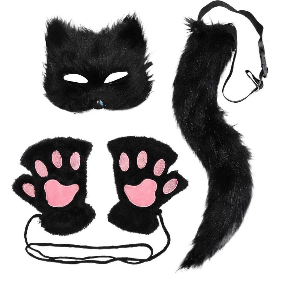 Rever Hale Dyreansiktsdeksel Furry Hansker Plysj Dyrehale Katter Ører Pannebånd for Halloween Cosplay