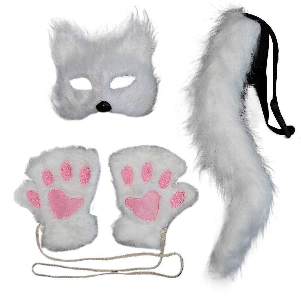 (maske hvit)Rever Hale Dyreansiktsdeksel Furry Hansker Plysj Dyrehale Katter Ører Pannebånd til Halloween