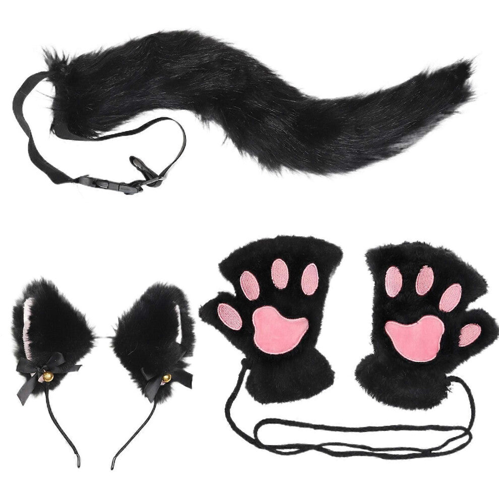 (klokkesvart)Rever Hale Dyreansiktsdeksel Furry Hansker Plysj Dyrehale Katter Ører Pannebånd til Halloween