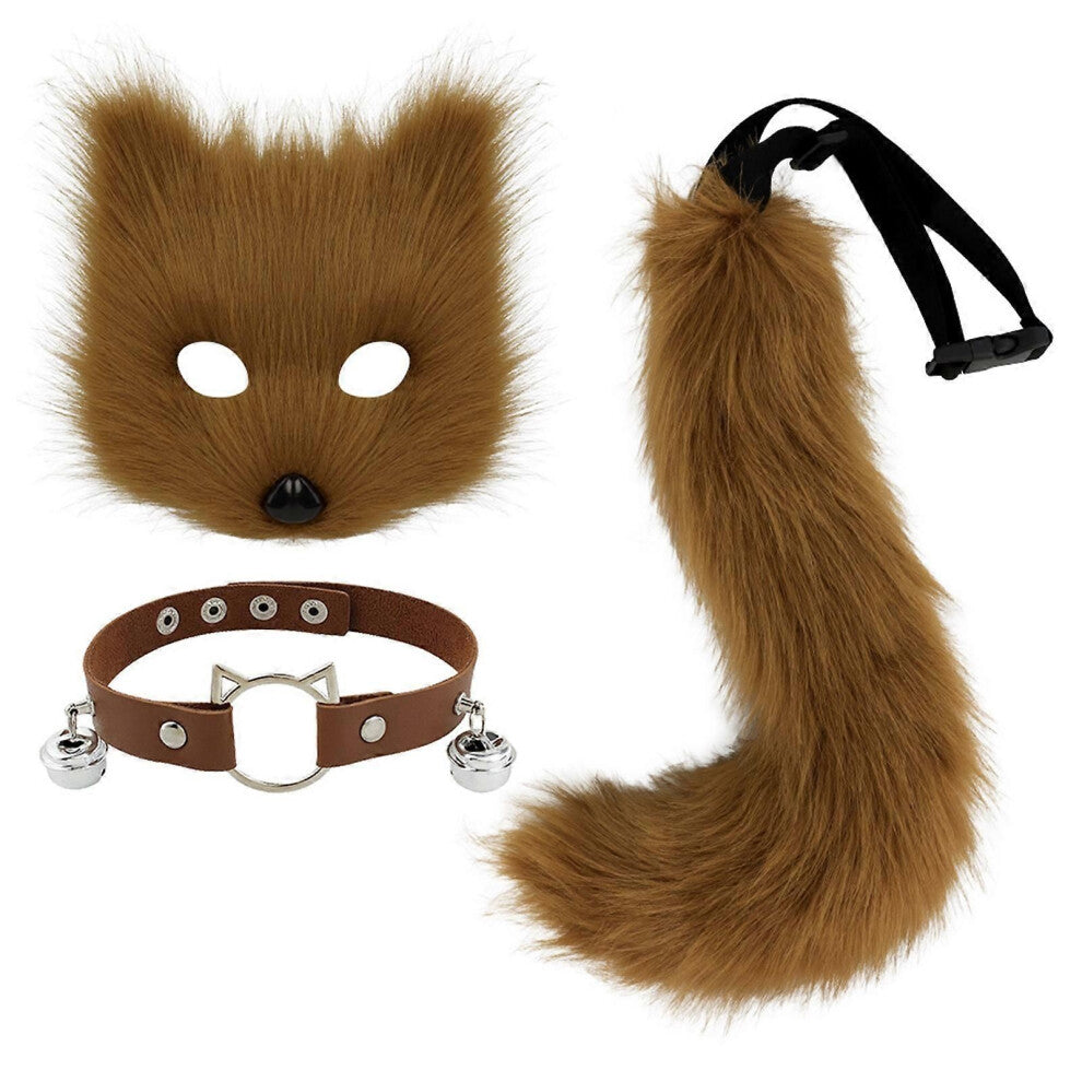 (Brunt sett)Rever Halekrage og Rever Maskesett Lær Choker Plysj dyrehale Rever kostymesett