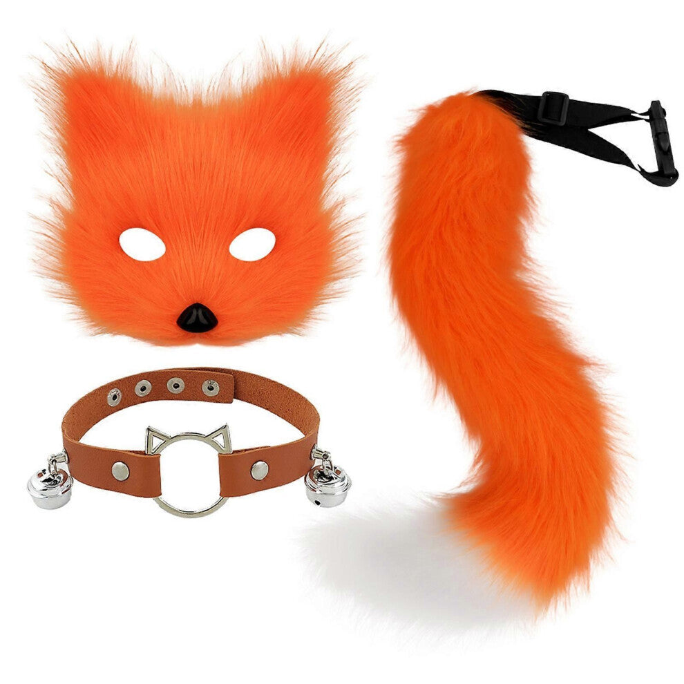 (Oransje sett)Rever Halekrage og Rever Maskesett Lær Choker Plysj dyrehale Rever kostymesett