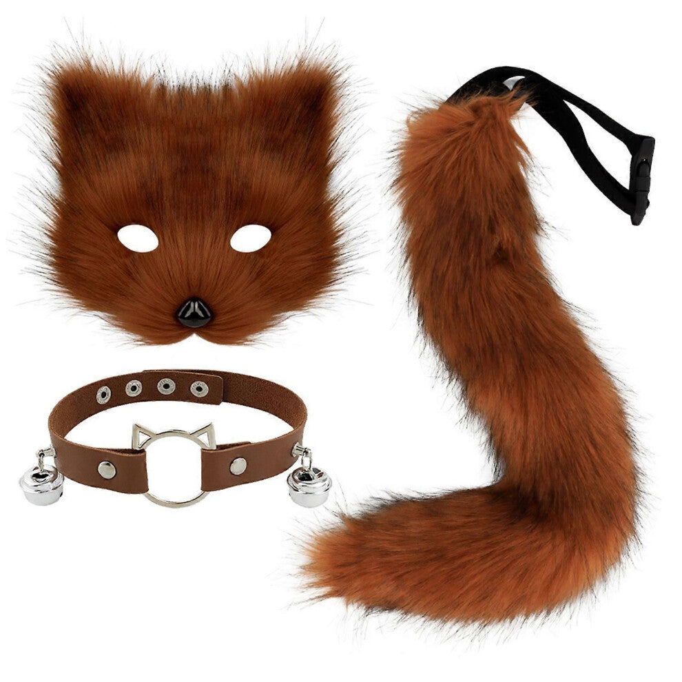 (Rødbrunt sett)Rever Halekrage og Rever Maskesett Lær Choker Plysj Dyrehale Rever kostymesett
