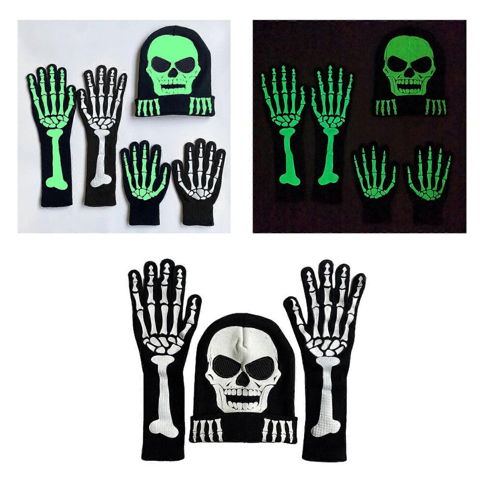 (hodeskallehatt)Glow in the Dark Skeleton Claw Hansker for alle aldre Halloween Skull Head Hat kostymetilbehør