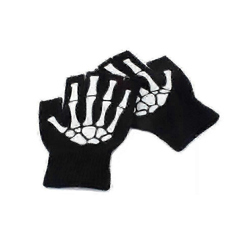 (Voksen-svart) Glow in the Dark Skjelett hodeskalle Halvfingerhansker for voksne og barn - lysende fingerløse