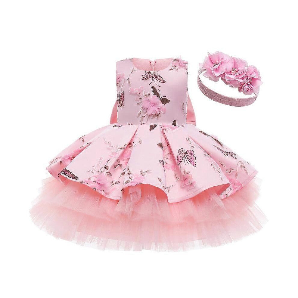 (120cm)Jenter Prinsessekjole Rosa Trykk Butterfly Pettiskirt Ermeløs trykket kjole med hodeplagg
