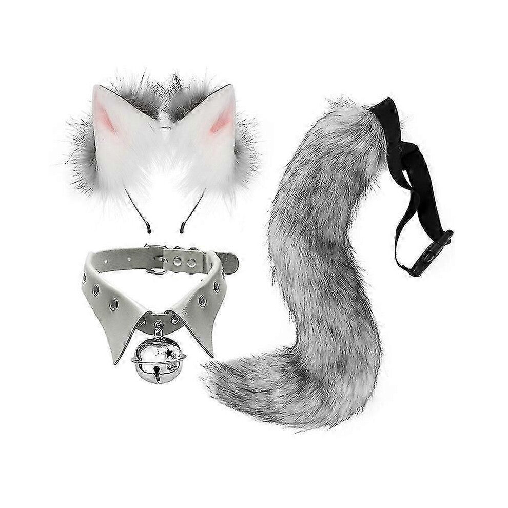(A 7)Gotisk punk fuskepels revehale katt ulv cosplay sett plysj fluffy potehansker krage