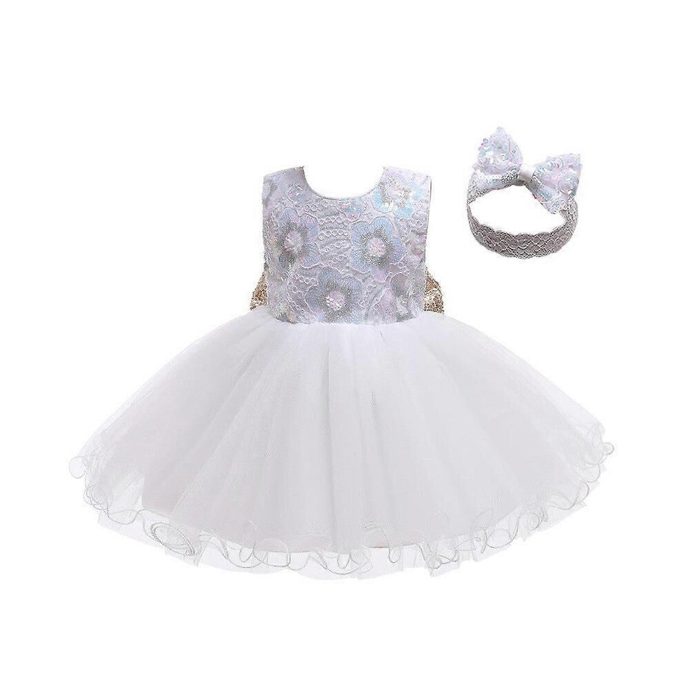 (120cm-Mørkegrønn)Jenter Prinsessekjole Paljetter Stor Sløyfe Blomst Pure Color Mesh Pettisksirt Jentekjole