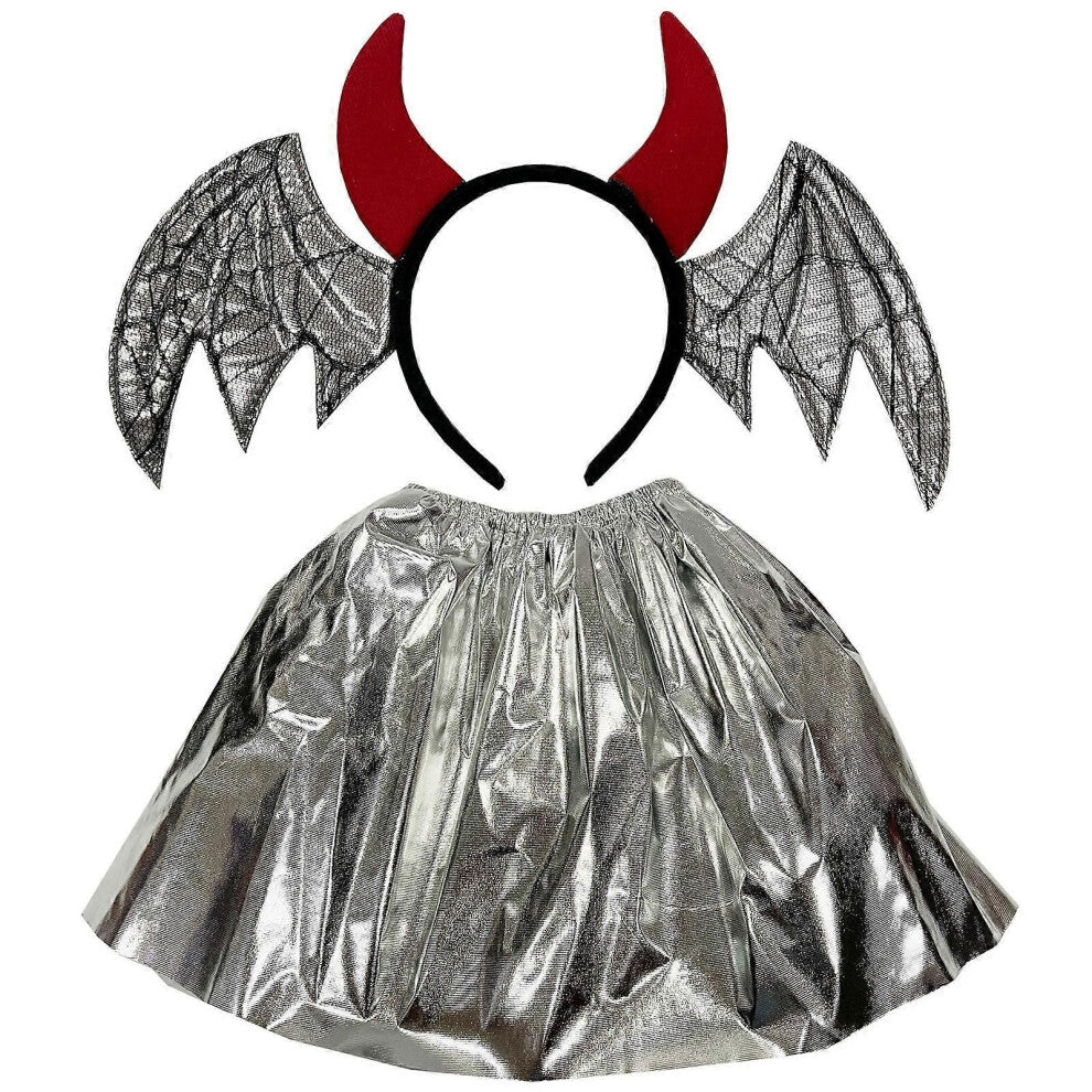 (sølvdress)Glinting Devil Pannebånd Skjørtsett for barn Halloween Bat Wing Temafester Dark Bats Pannebånd