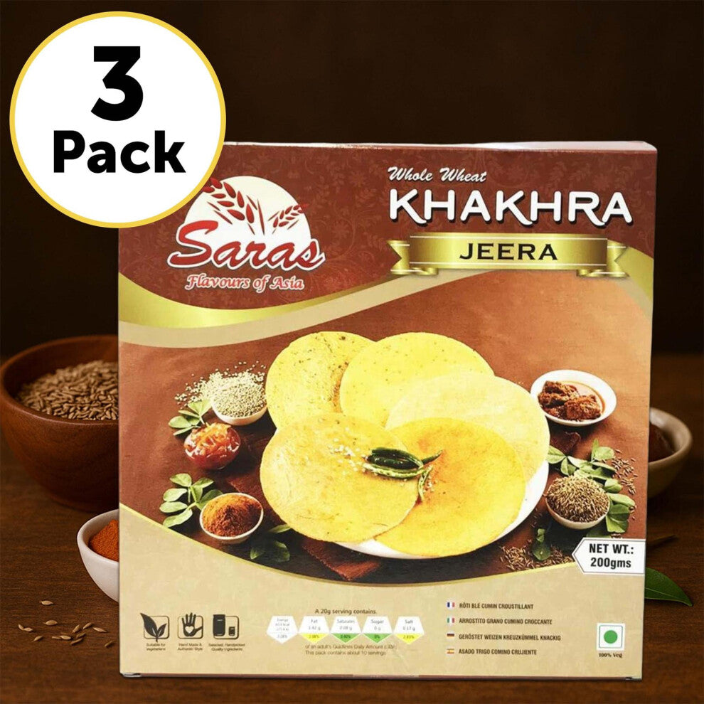 Saras Jeera Khakhra 200g x 3 | Crunchy Gujarati Snack | Cumin Flavoured | Healthy & Tasty