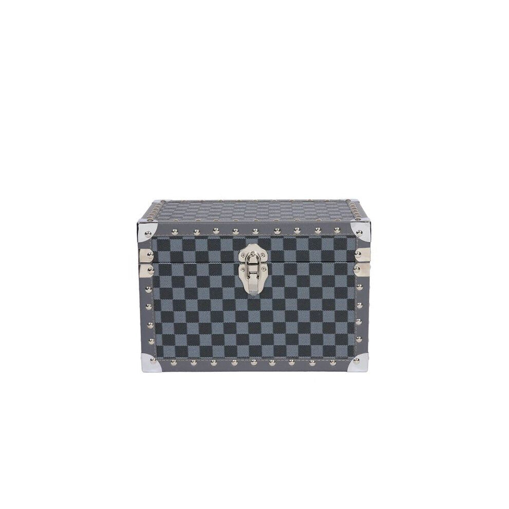 Small Storage Trunk Navy Grey Checkered Vanity Case Faux Leather Jewellery Box
