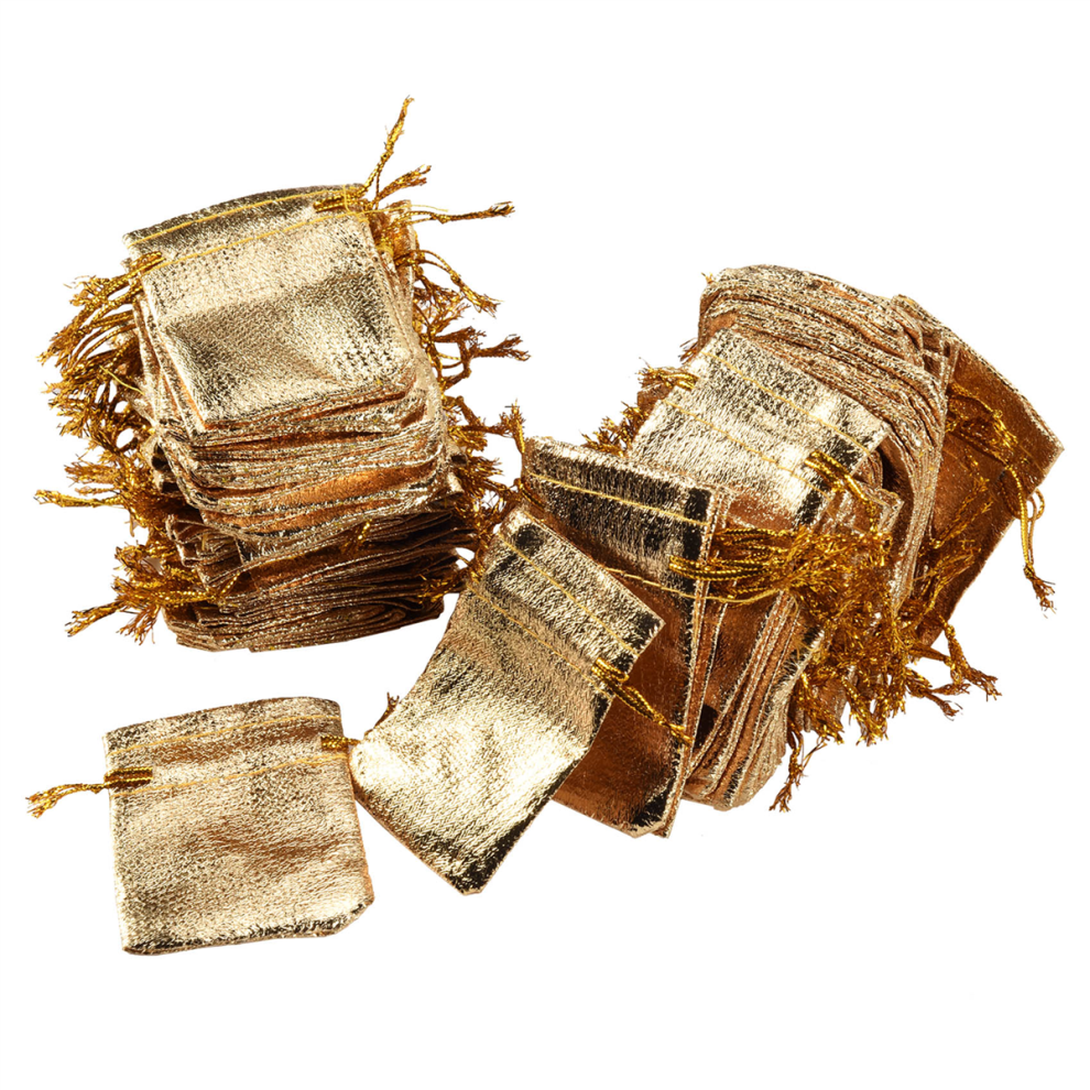 100Pcs Gold Foil Organza Bag Candy Gift Bags Wedding Party Favor Pouch Packaging Drawstring 5x7Cm