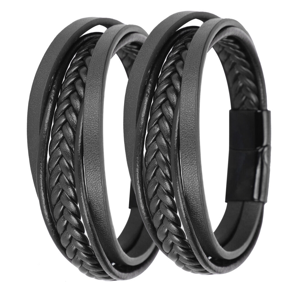 2Pcs Vintage Hand Knitting Multi Layer Wristband Set, Black PU Leather