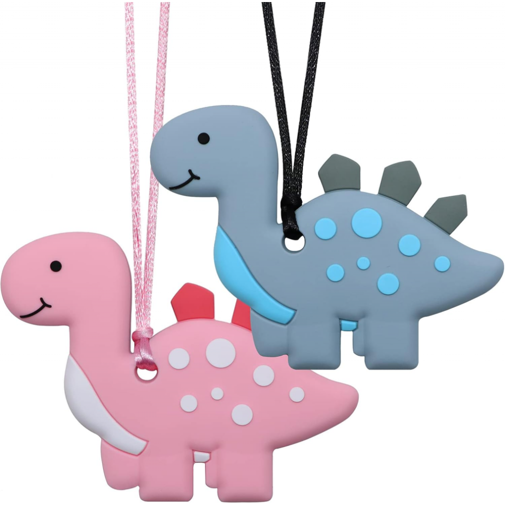 Sensory Chew Necklaces For Kids, Boys, And Girls - 2 Pack Dinosaur Silicone Chewy Toys For Autism, Adhd, Spd, Oral Motor Chewing Necklace