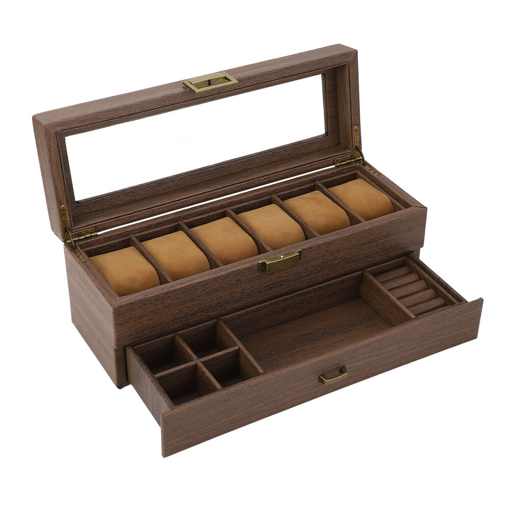 Vintage Grain PU Leather Watch Holder with 6 Slots and Extra Drawer