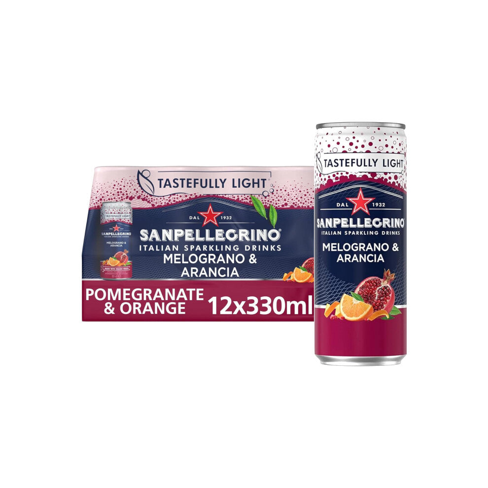 San Pellegrino Italian Sparkling Drinks Tastefully Light Sparkling Pomegranate & Orange Canned Soft Drink 12 x 330ml | 68 kCals per Can