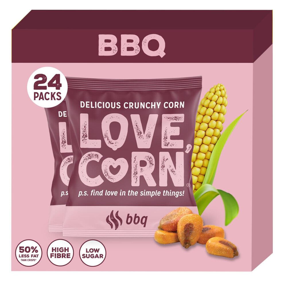LOVE CORN: Barbecue (BBQ) | Roasted Crunchy Corn - Gluten-Free - Plant based & Vegan - Healthy Snack - Low Calorie - (Box of 24 bags, 20g each)