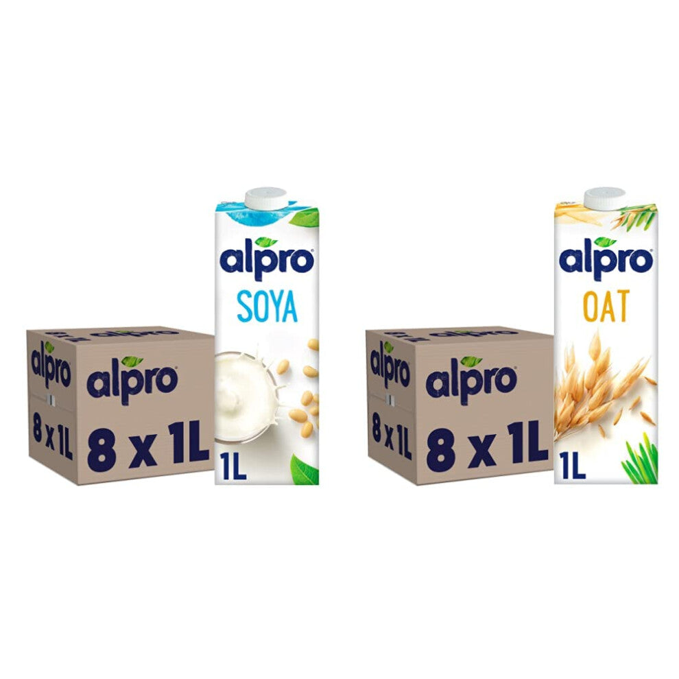 Alpro Soya Plant-Based Long Life Drink, Vegan & Dairy Free, 1L (Pack of 8) & Oat Plant-Based Long Life Drink, Vegan & Dairy Free, 1L (Pack of 8)