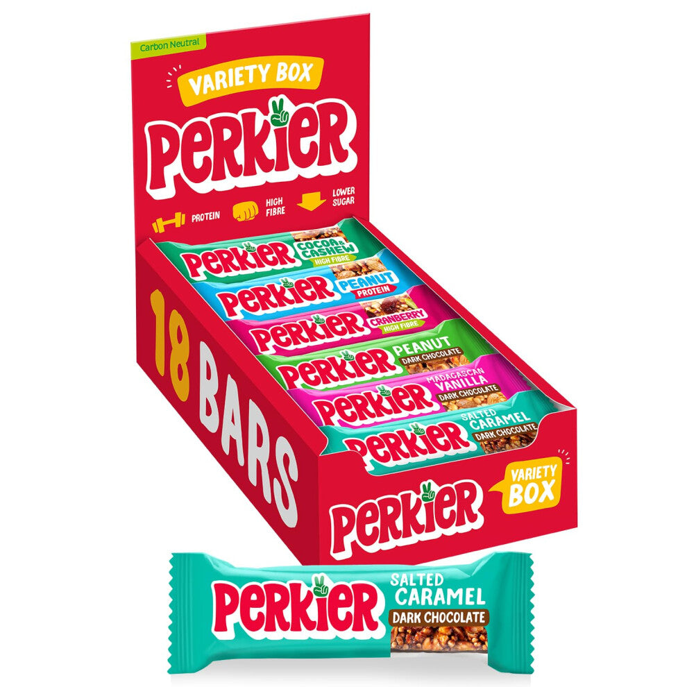 Perkier Variety Box,18 bars, 6 Flavours, Vegan, Gluten Free, Protein, High Fibre, Lower Sugar Snack, Natural Ingredients, Lower Calorie, Healthy, No