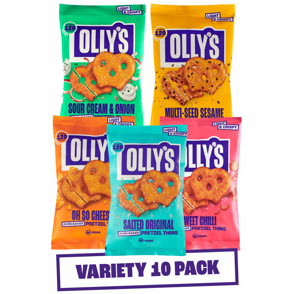 Olly's Pretzel Thins, New Variety Pack, 35g (Pack of 10), x2 Salted, x2 Multi Seeded, x2 Sour Cream, x2 Sweet Chilli x2 Cheesy, Low Calorie Snacks, L