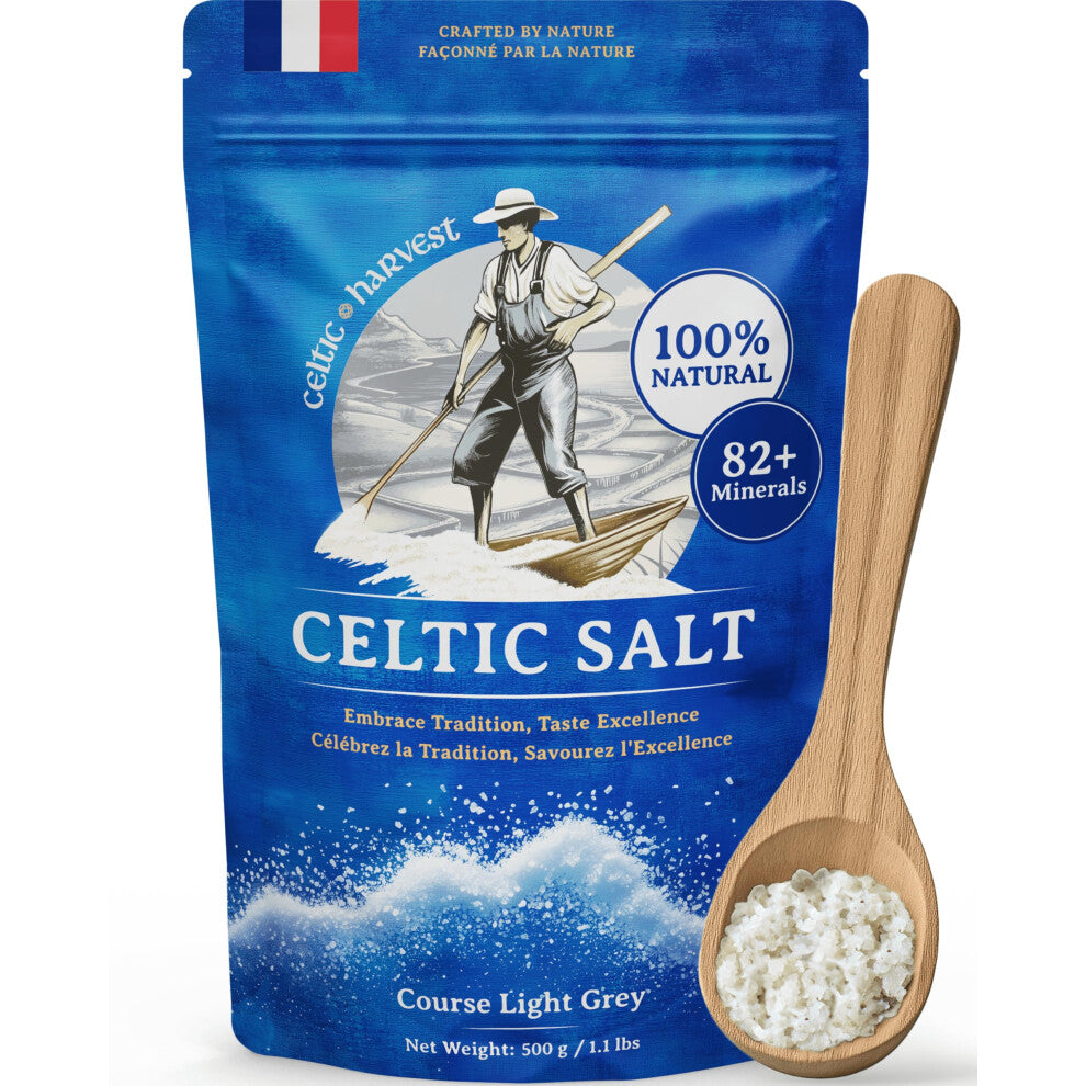 Celtic Harvest Celtic Sea Salt - 500g | 100% Unrefined Celtic Sea Salt | Abundant in 82+ Essential Minerals & Nutrients | Hand-Harvested Light Grey S