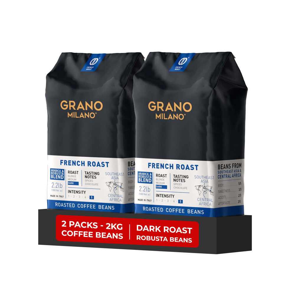Grano Milano Coffee Beans 2kg (2 x 1kg Bags) French Roast Robusta Blend, Dark Roast, Intensity 10-10 Extra Strong Coffee, Made in Italy