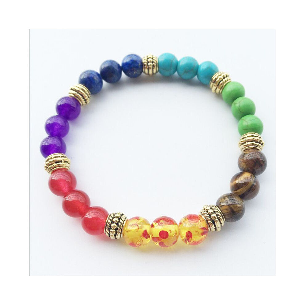 (Gold) 7 Chakras Handmade Rainbow Round Bead Charm Weight Health Bracelets Loss