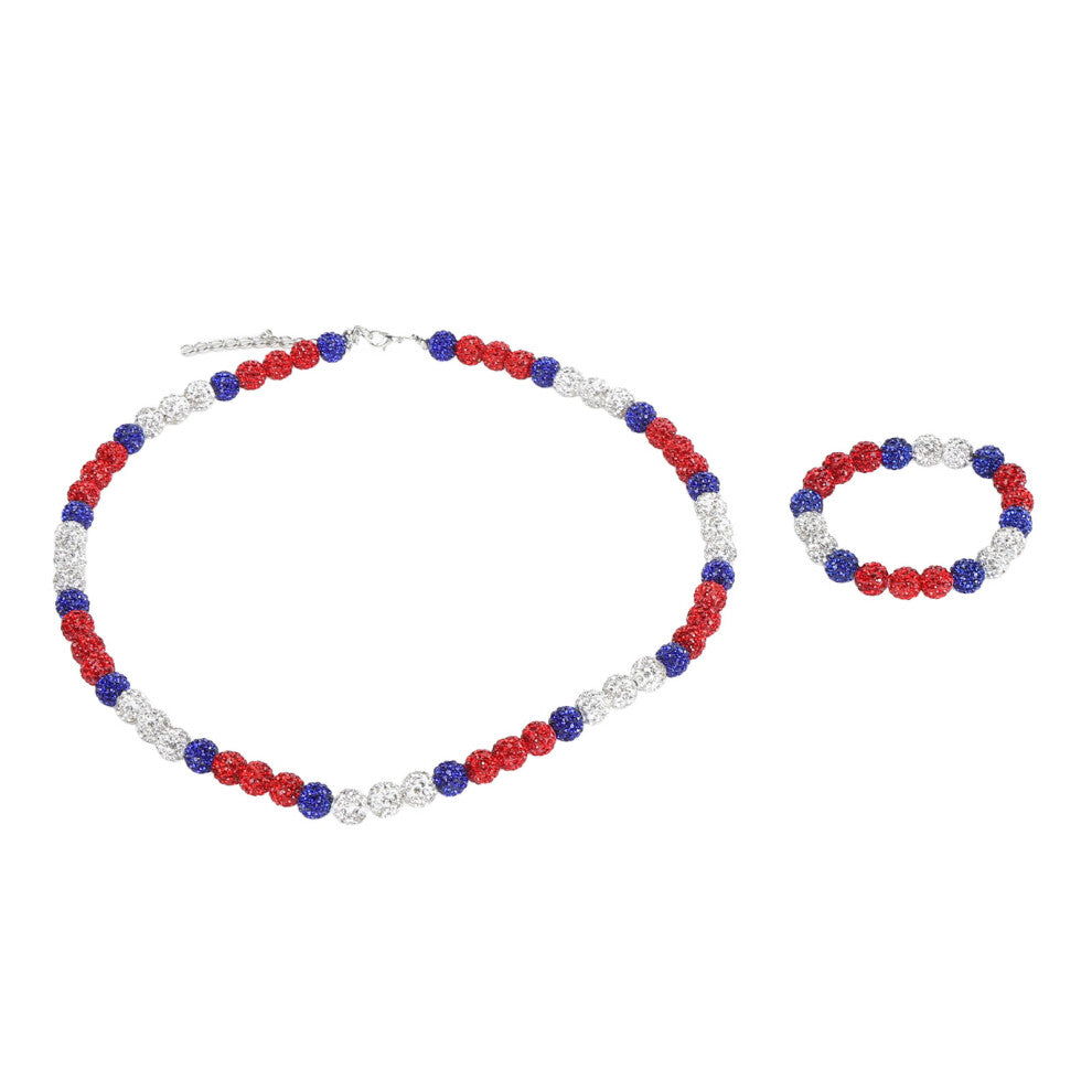 Glitter Baseball Beaded Necklace & Bracelet Set Dark Blue Red White