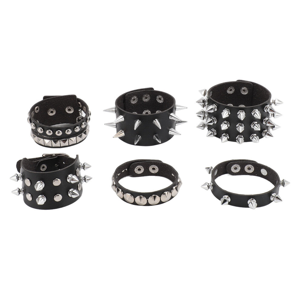 6 Pack Punk Studded Black PU Leather Wrist Cuffs, Adjustable Spiked Bracelets for Men Women