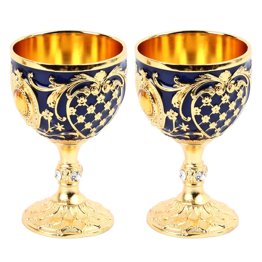 Elegant Vintage 2pcs Wine Glasses Zinc Alloy Stemmed Glass Blue & Gold Finish