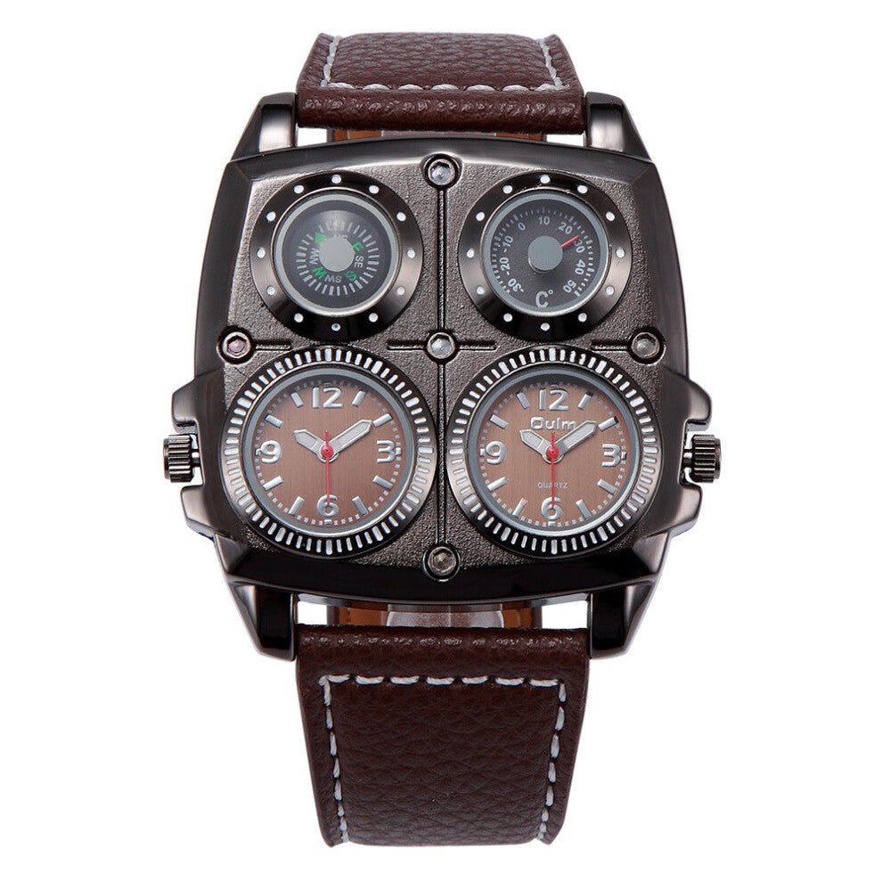 Men's Multi Dial Sports Watch Dual Time Zone Compass Thermometer Luminous Hands(Brown) Watches