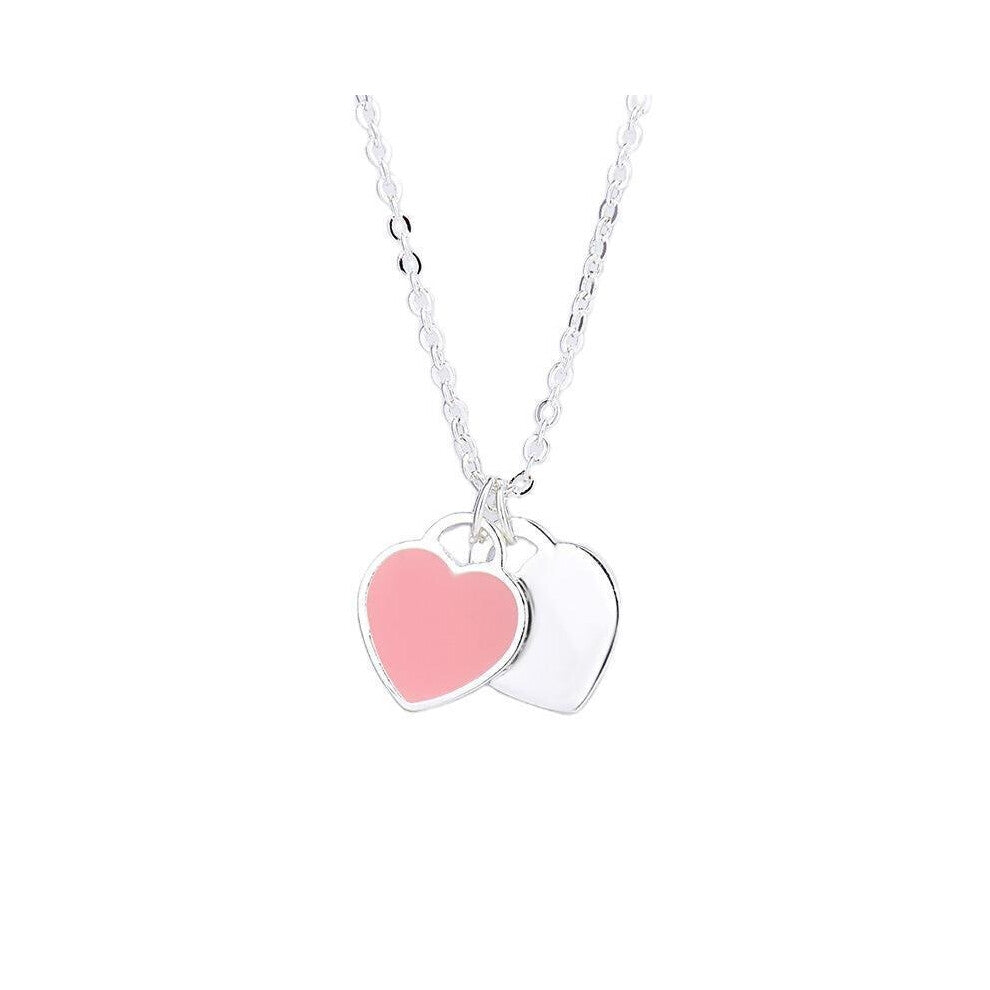 (B) Heart-shaped necklace, enamel blue collarbone chain for women, double heart-shaped pendant