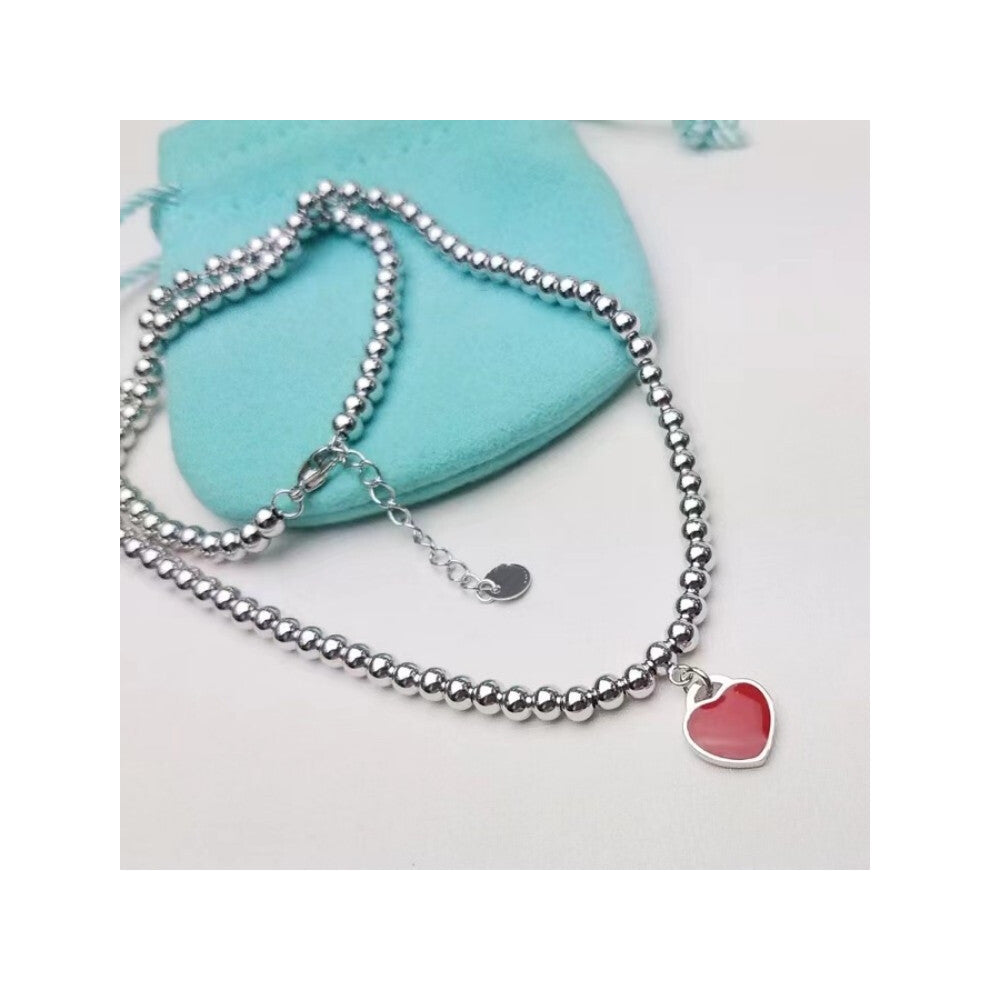 (F) Heart-shaped necklace, enamel blue collarbone chain for women, double heart-shaped pendant