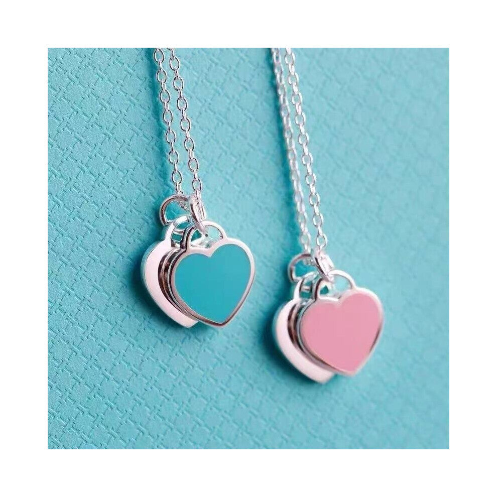 (H) Heart-shaped necklace, enamel blue collarbone chain for women, double heart-shaped pendant
