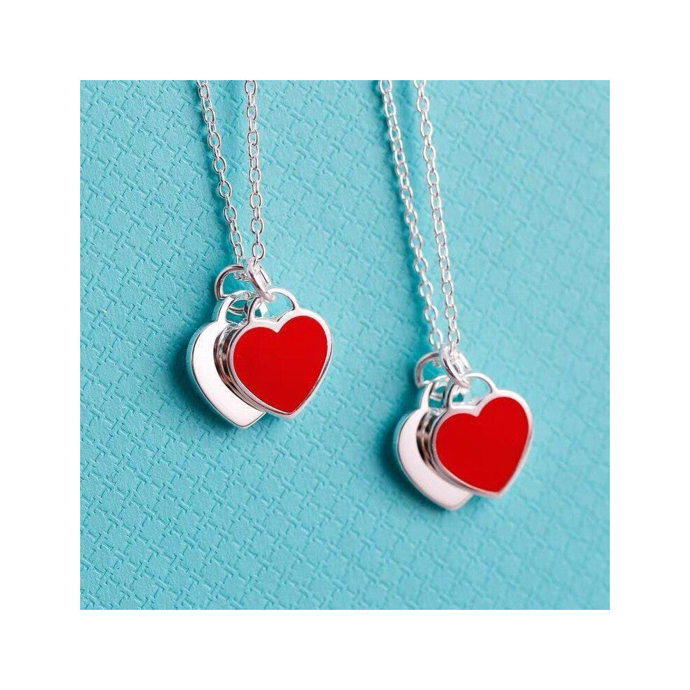 (Red heart Necklace (45CM with chain)) s925 sterling silver plated bracelet for women, enamel red heart T family bracelet, red prayer beads, silver re