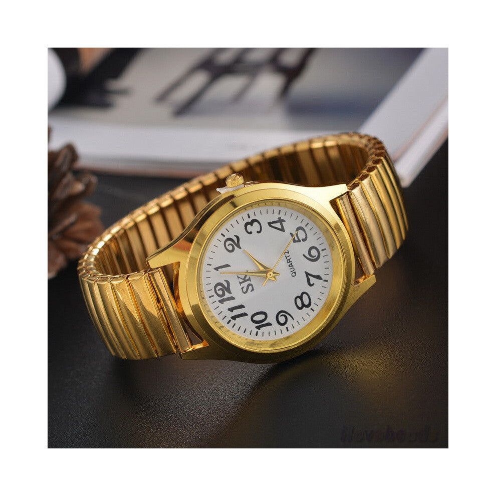 (Gold, Men) Elastic Luxury Stainless Steel Wristwatch Quartz Women Men Analog Dress Watches