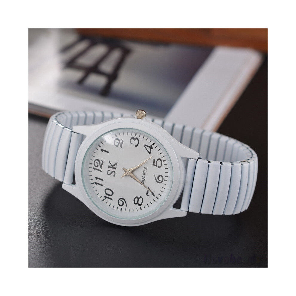 (White, Women) Elastic Luxury Stainless Steel Wristwatch Quartz Women Men Analog Dress Watches