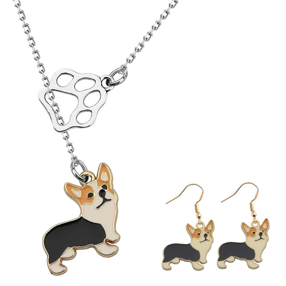 Dog Necklace Earrings Pet Corgi Stud Choker for Women Girl Gift