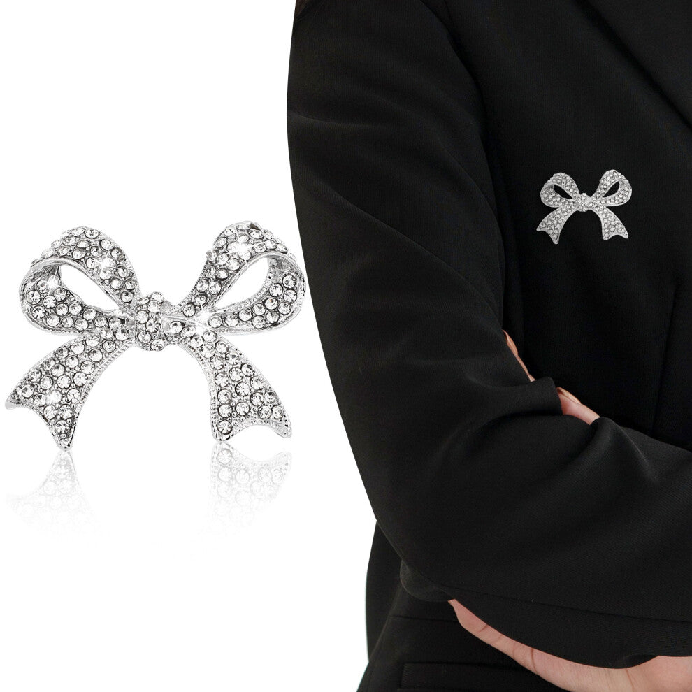 Rhinestone Bow Brooch Pins for Cardigan Dress Ladies Silver Alloy