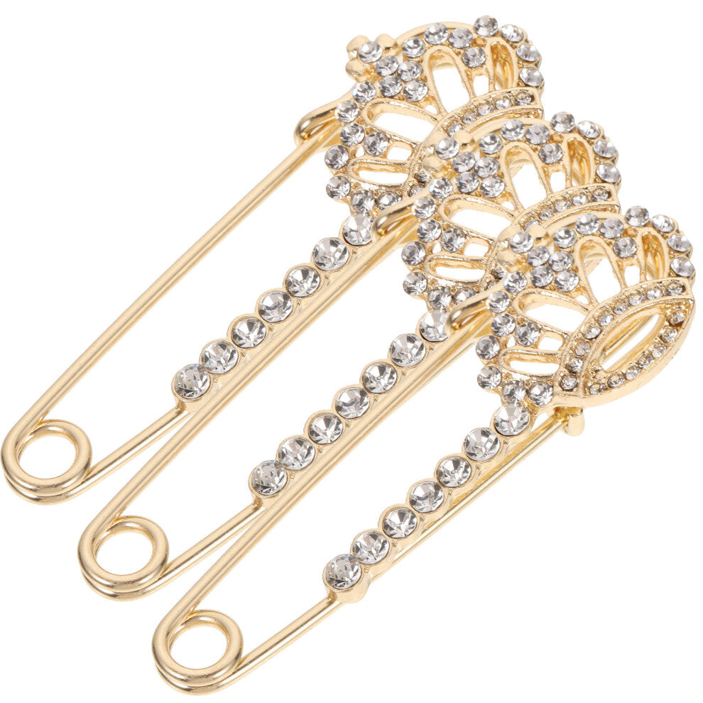 3pcs Crown Rhinestone Brooch Safety Pin for Cardigan Shawl Women