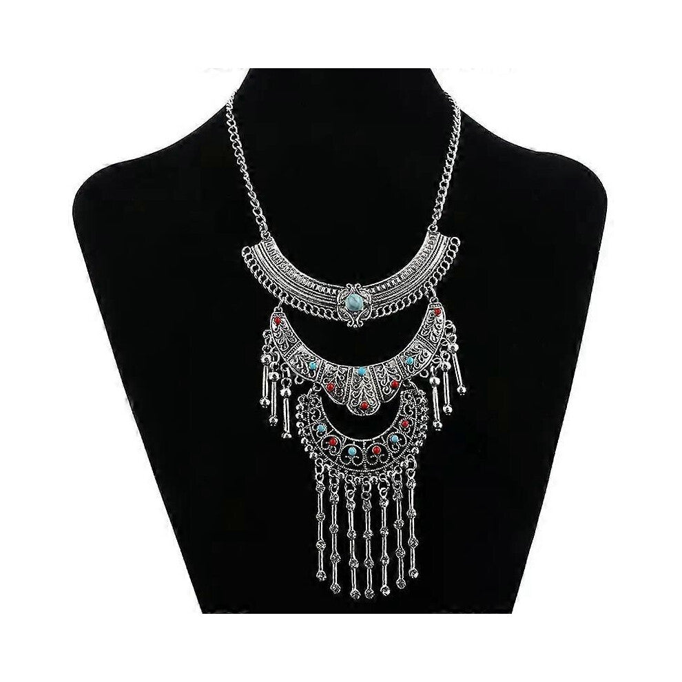 (Antique Silver) Bohemian Multilayer Maxi Collares Choker Necklace For Women Bar Crystal Tassel Statement Jewelry Vintage