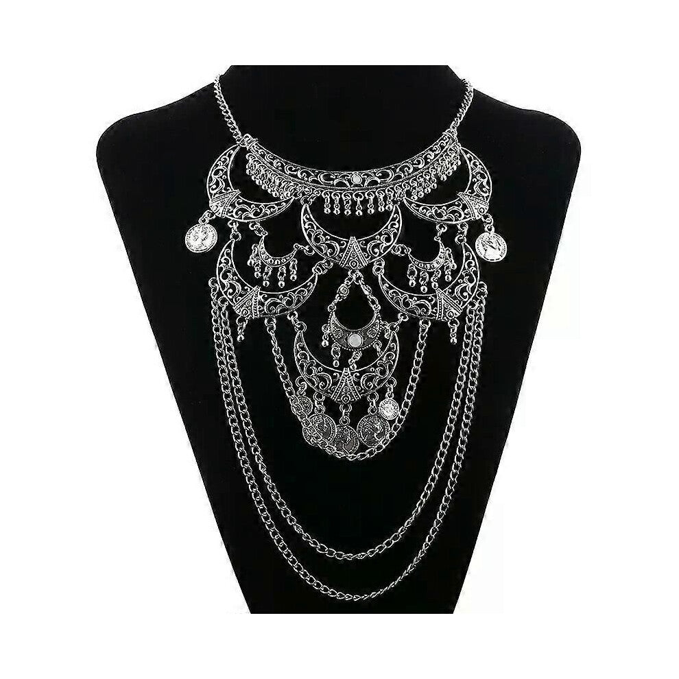 (Antique Silver 2) Bohemian Multilayer Maxi Collares Choker Necklace For Women Bar Crystal Tassel Statement Jewelry Vintage