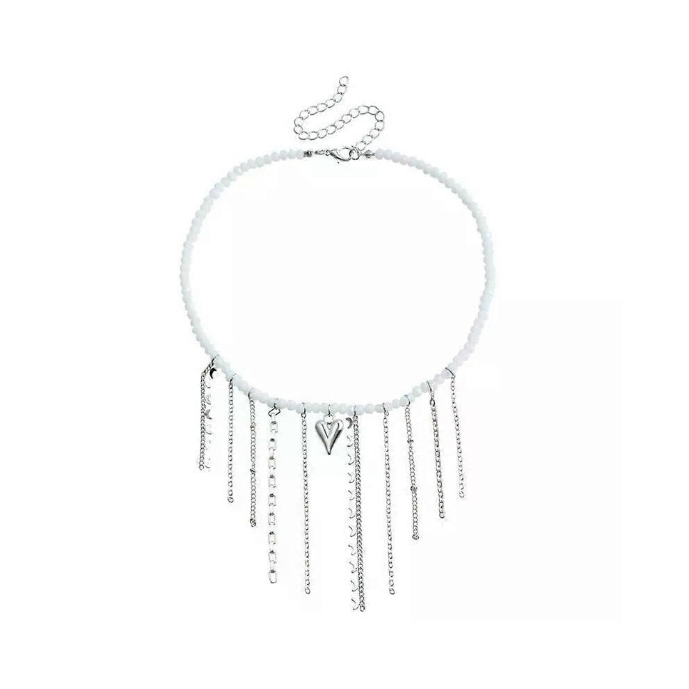 (White) Creative Goth Moon Heart Tassel Pendant Choker Necklace Women Love Charm Necklace Collares Vintage Clavicle