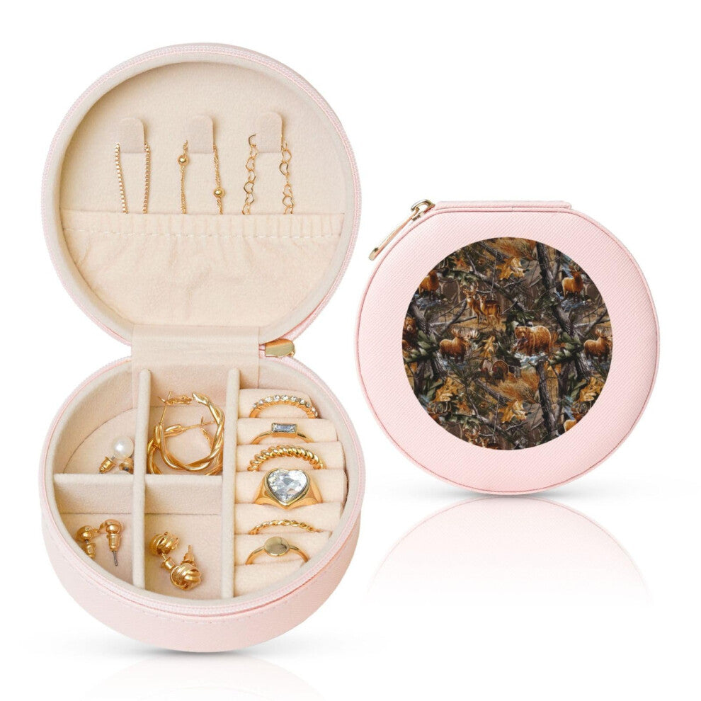 Jewellery Box Round Leather Hunting Deer Bear Elk Printed Portable Jewellery Storage Box