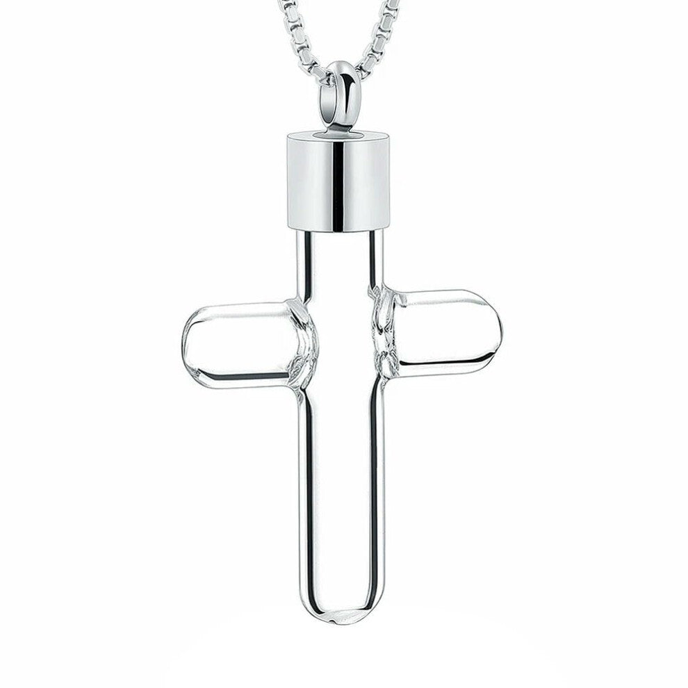 Memorial Urn Necklace Stainless Steel Cross Pendant, Opens For Ashes, Pet And Human, For Men And Boys, Keepsake Silver