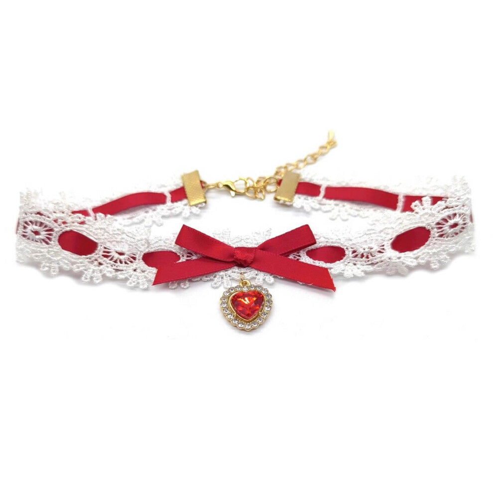 Necklace With Heart Pendant, Adjustable Bow, Red Lace-Style Collarbone Choker For Women, Elegant Jewelry