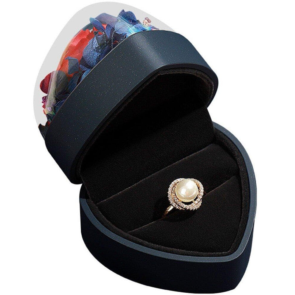 Heart-Shaped Ring Box Deep Blue Eternal Rose Jewelry Display Box For Engagement Proposal Romantic Ring Box