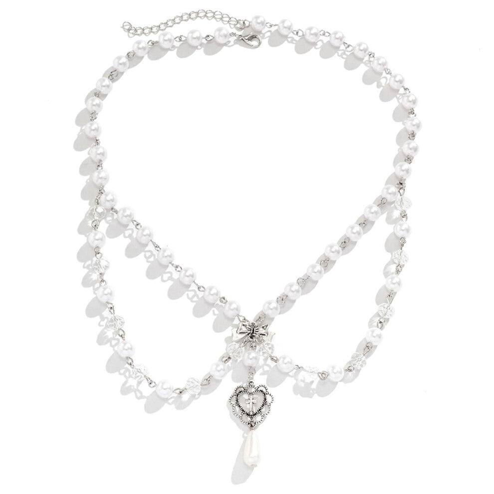 Delicate Necklace With Strawberry Butterfly Heart Pendant And Layered Faux Pearl Beads Collarbone Chain